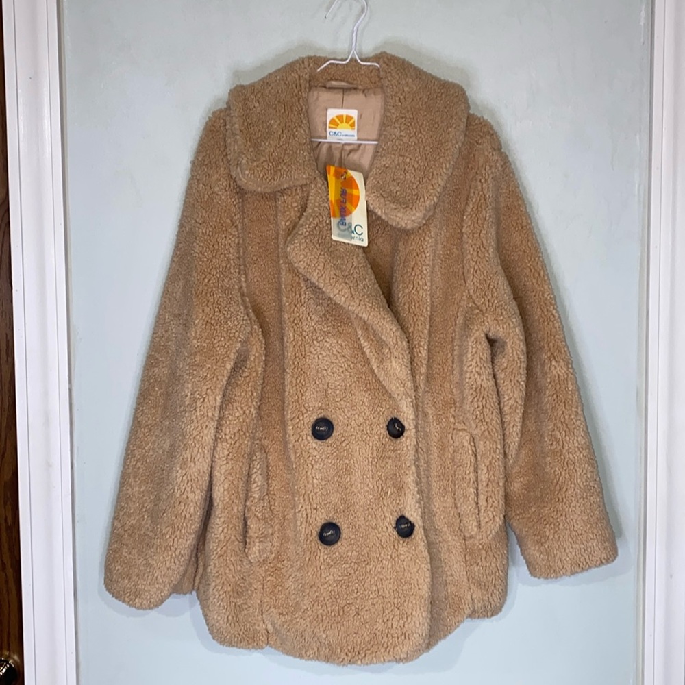 C&C California Tan Teddy Bear Warm Cozy Faux Fur Fully Lined Jacket Size L-NWT!
